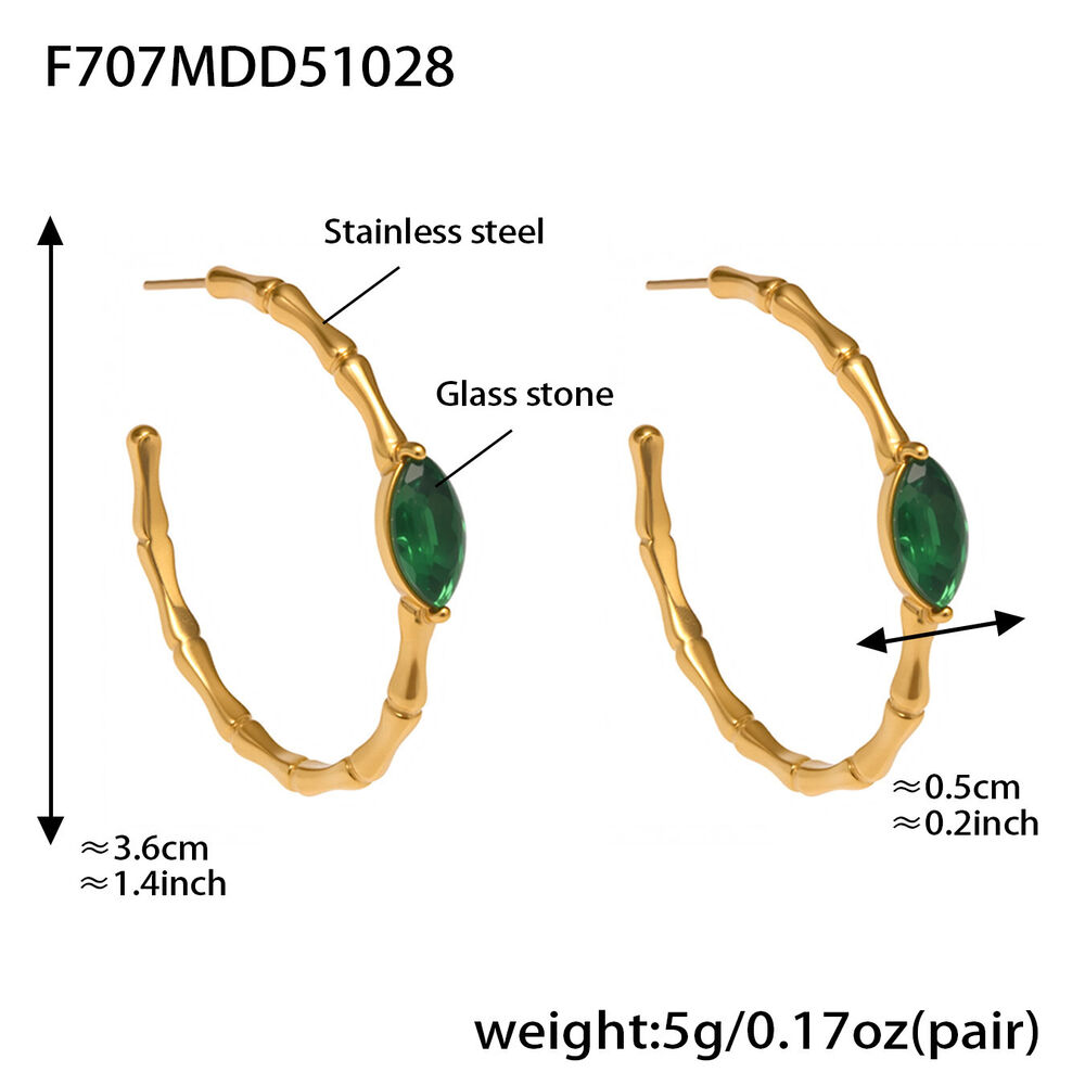 1 Pair Luxurious Green Glass Stainless Steel Waterproof Gold Color Women's Hoop Earrings h5Picture2