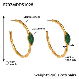 1 Pair Luxurious Green Glass Stainless Steel Waterproof Gold Color Women's Hoop Earrings h5 Picture2