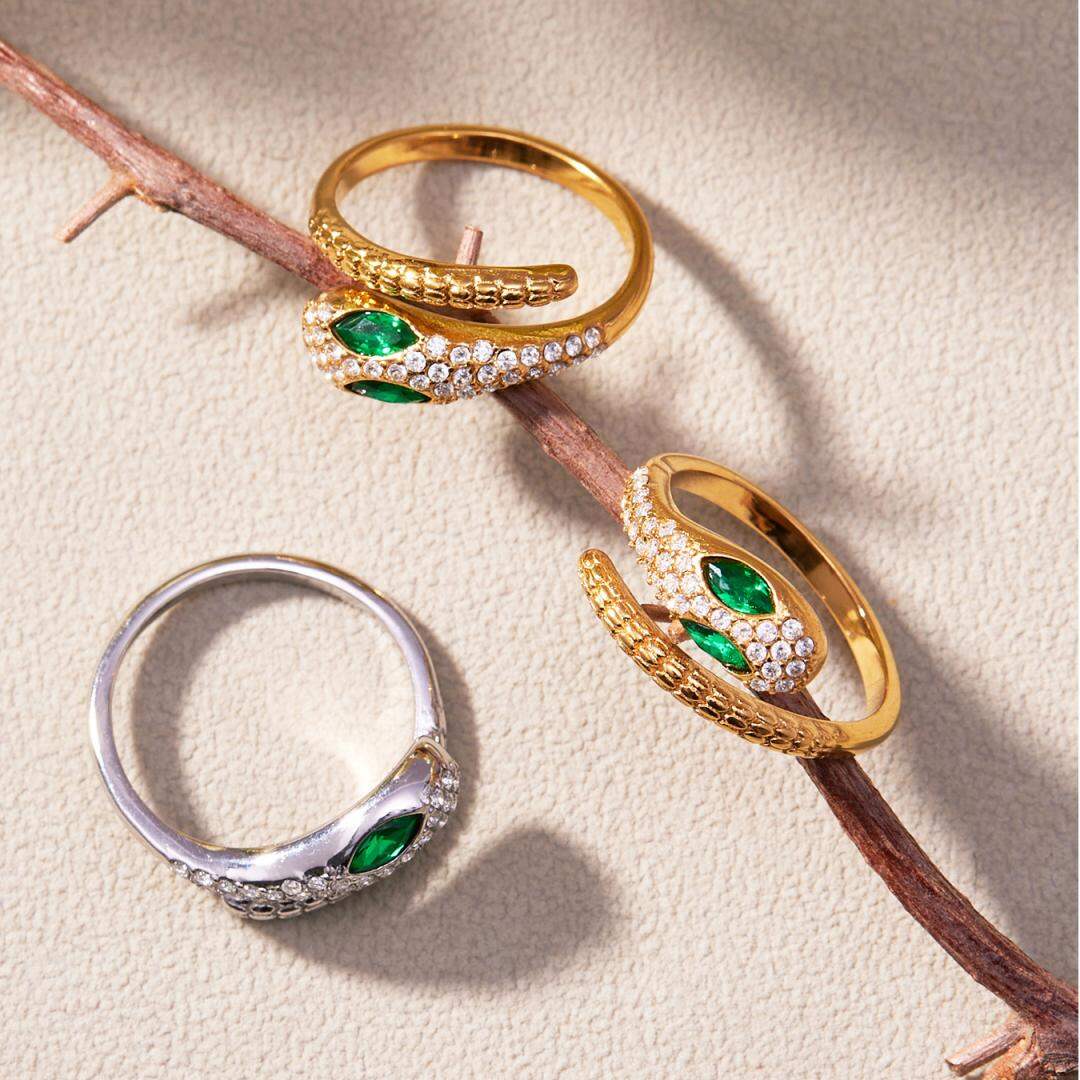 1 Piece Sparkling Snake Titanium Steel Gold Color Zircon Women's Gemstone Rings Picture5