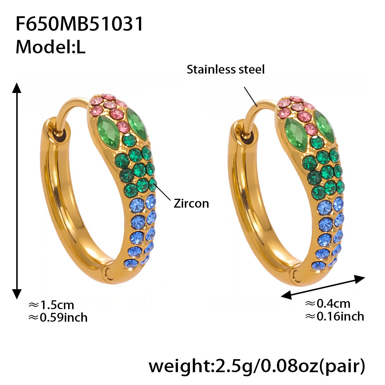 1 Pair Glamorous Zircon Snake Stainless Steel Waterproof Gold Color Women's Hoop Earrings