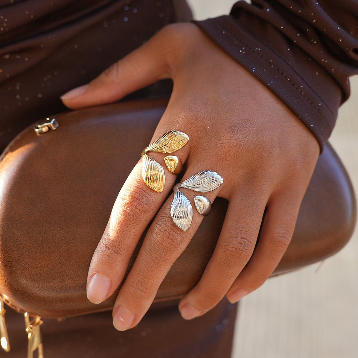 1 Piece Simple Series Natural Leaf Stainless Steel Waterproof   Gold Color  Women's Statement Rings