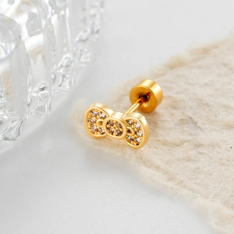 1 Piece Bow Knot Copper Gold Color Zircon Women's Piercing Earrings h5