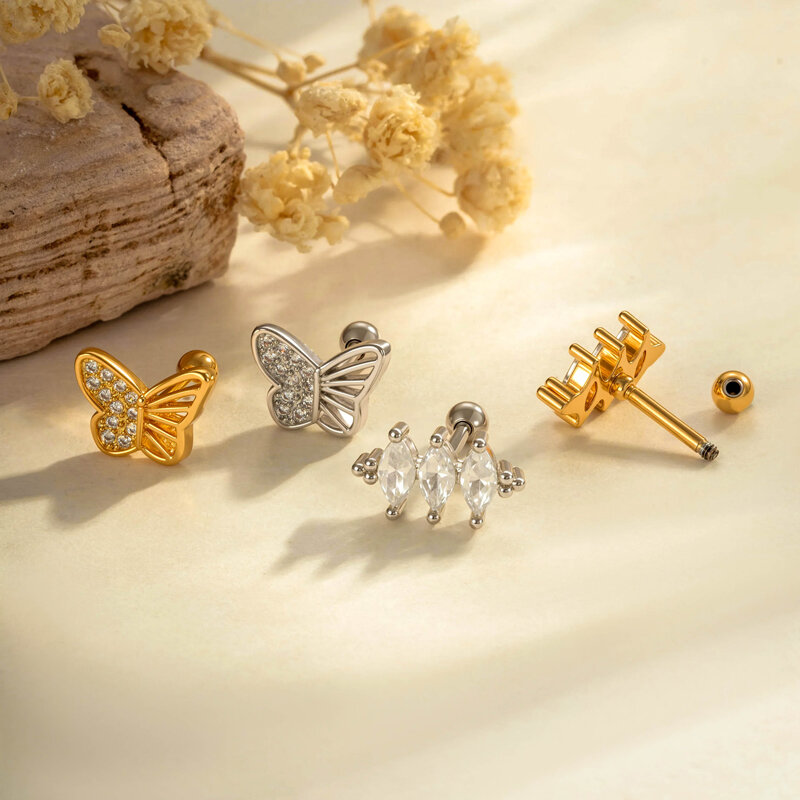 Boucles d'oreilles piercing femme, 1 pièce, forme cœur papillon, couleur cuivre doré, zircon. h5Image3