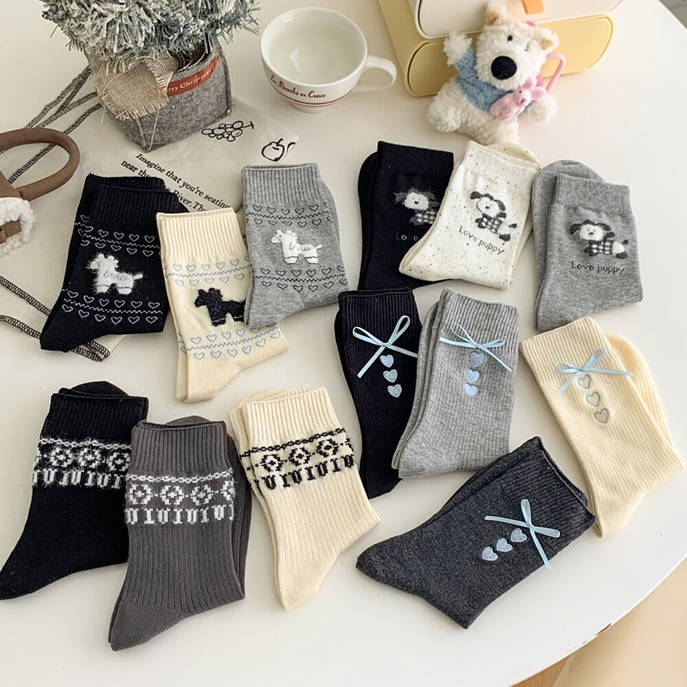1 Paar niedliche Socken mit Welpenmotiv, Schleife, Knoten und Herzen, wadenlang h5Bild3