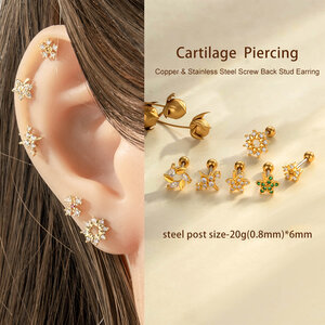 Pendientes de perforación para mujer con circonitas de color cobre y dorado de hoja simple de 1 pieza h5 Imagen6