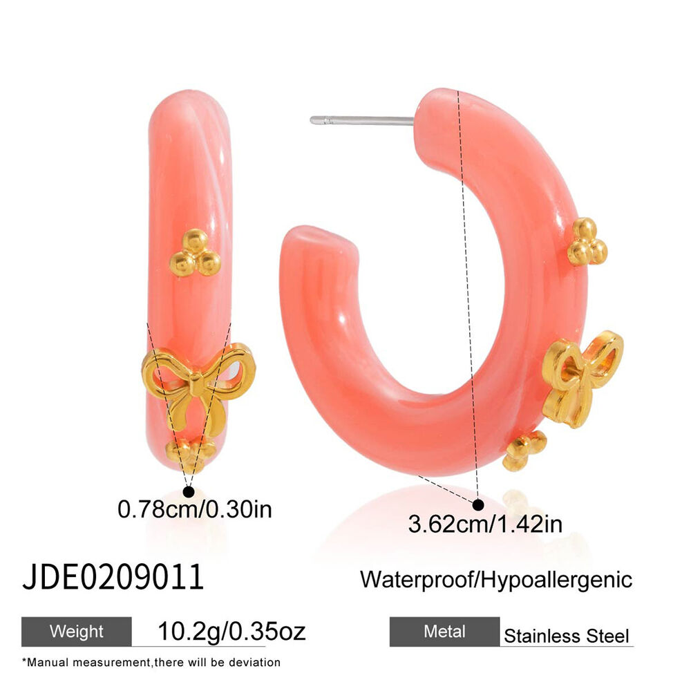 1 Pair Romantic Pink Resin Bow Knot Gold Color Women's Hoop Earrings h5Picture2