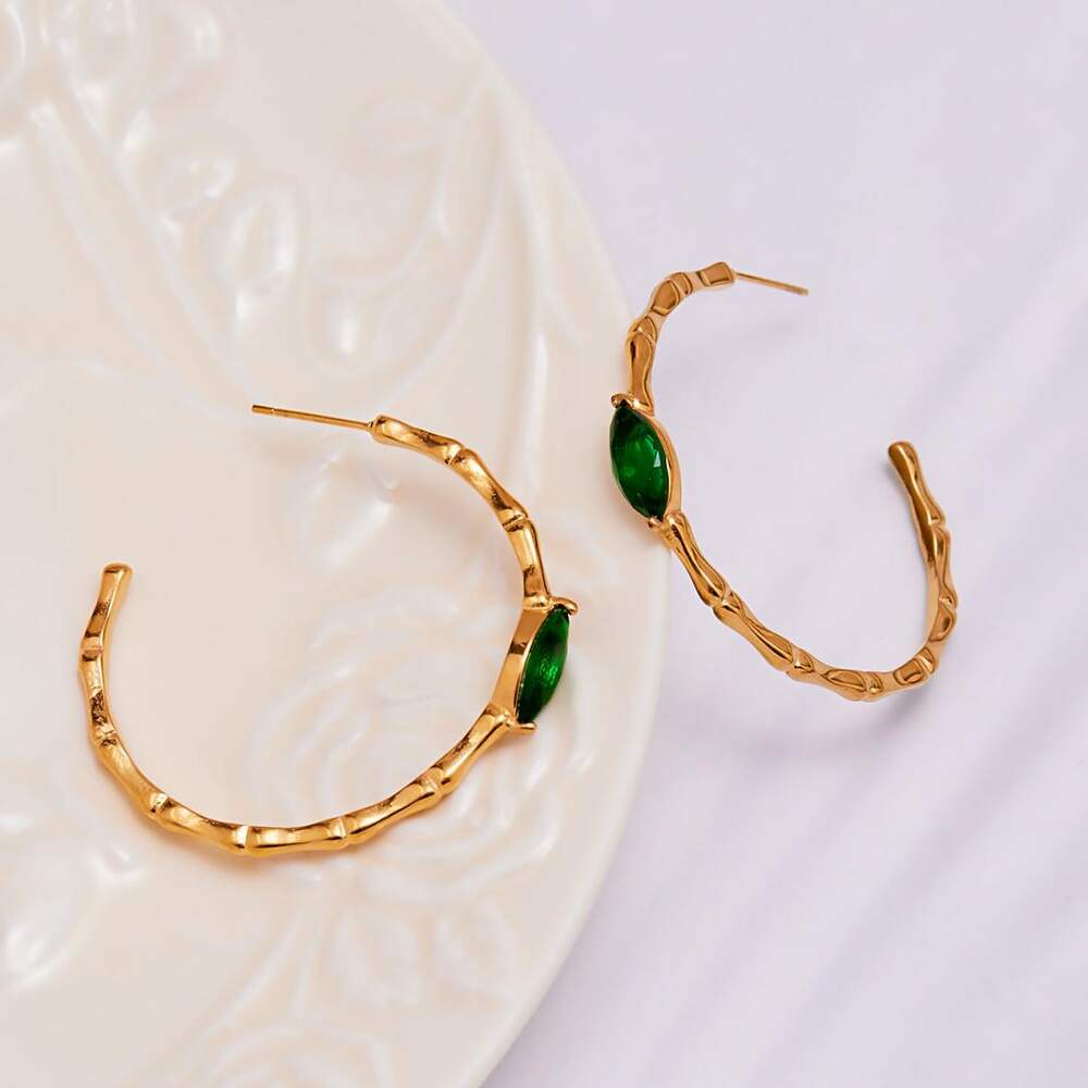 1 Pair Luxurious Green Glass Stainless Steel Waterproof Gold Color Women's Hoop Earrings h5Picture6