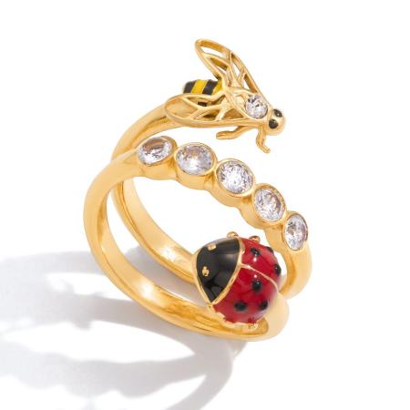 1 Stück Zarter Insekten-Statement-Ring aus wasserdichtem Edelstahl in Goldfarbe mit Zirkonia