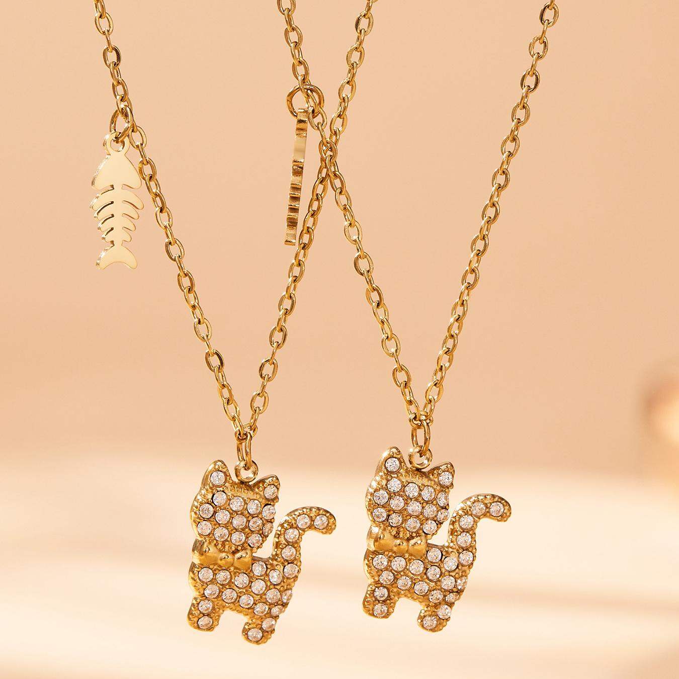 1 Piece Sweet Kitty Titanium Steel Gold Color Zircon Women's Pendant Necklaces