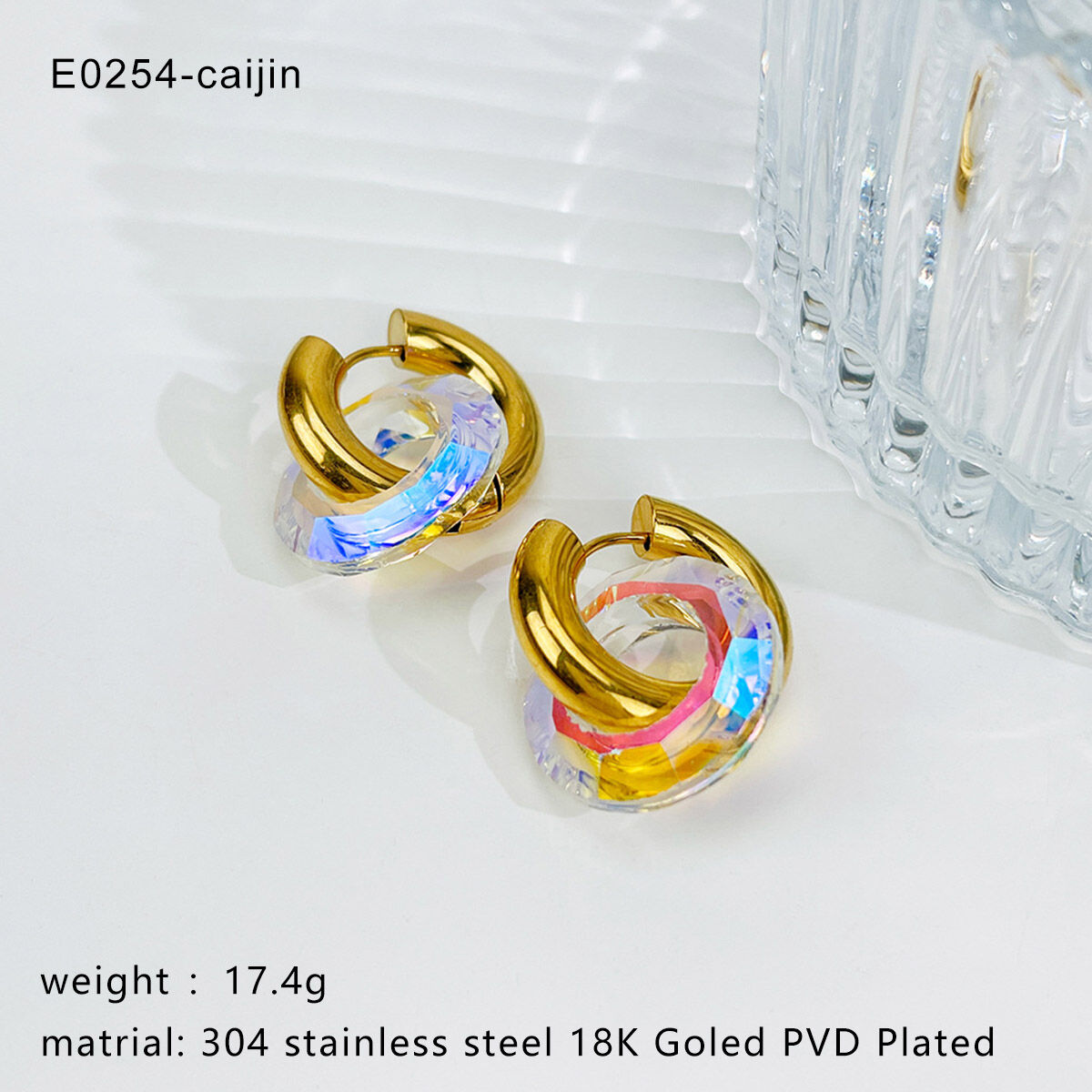 1 Pair Circle Stainless Steel Waterproof Gold Color Glass Drop Earrings h5 Picture2