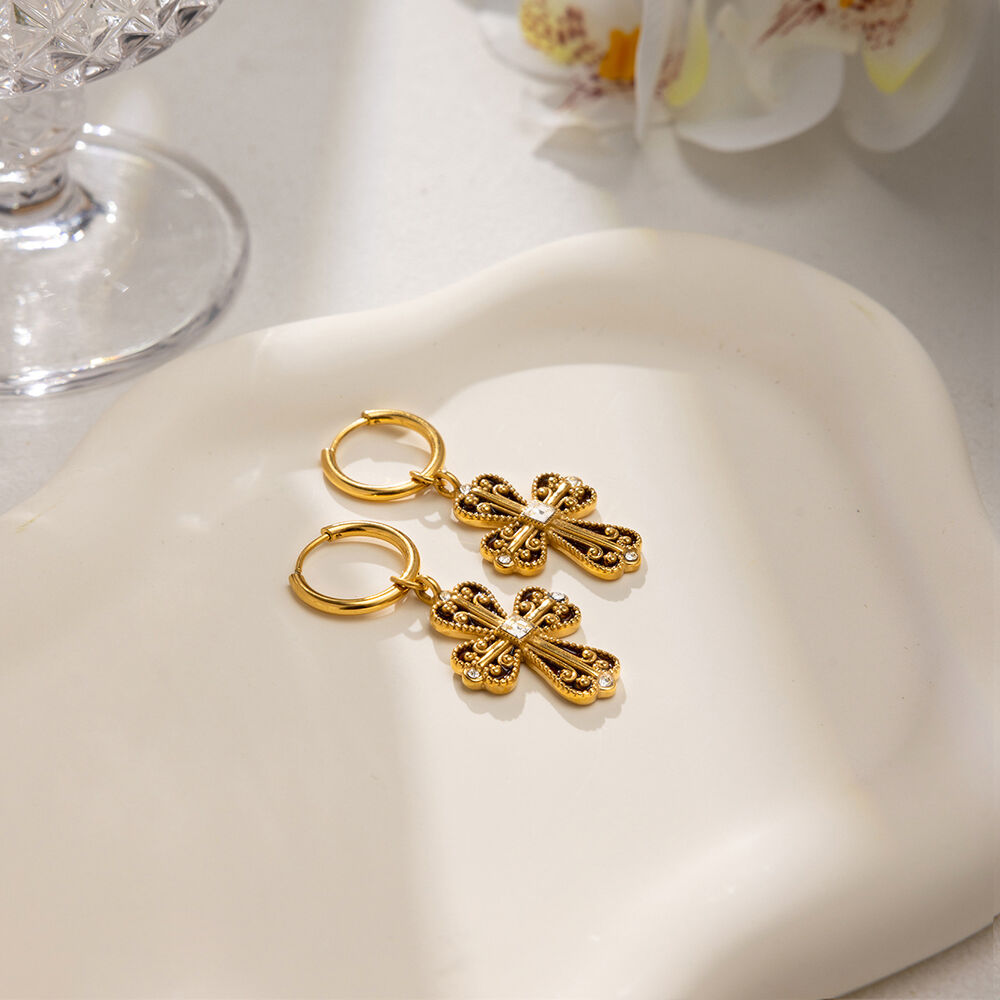 1 Pair Luxurious Cross Stainless Steel Waterproof Gold Color Women's Drop Earrings Picture5