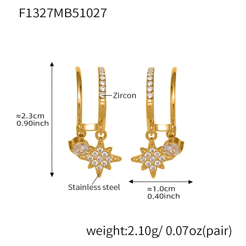 1 Paar glänzende, sternförmige, wasserdichte Ohrhänger aus Edelstahl in Goldfarbe mit Zirkonia für Damen Bild2