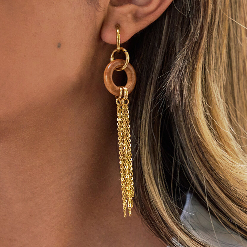 1 Pair Classic Tassel Woody Circle Stainless Steel Waterproof Gold Color Women's Dangle Earrings 2
