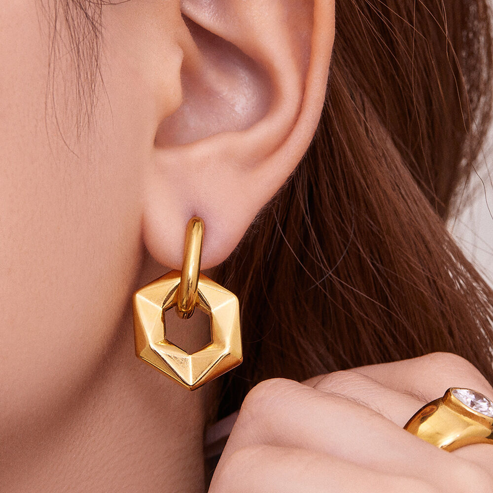 1 Pair Hexagon Hollowed-out Stainless Steel Waterproof Gold Color Women's Drop Earrings Picture5