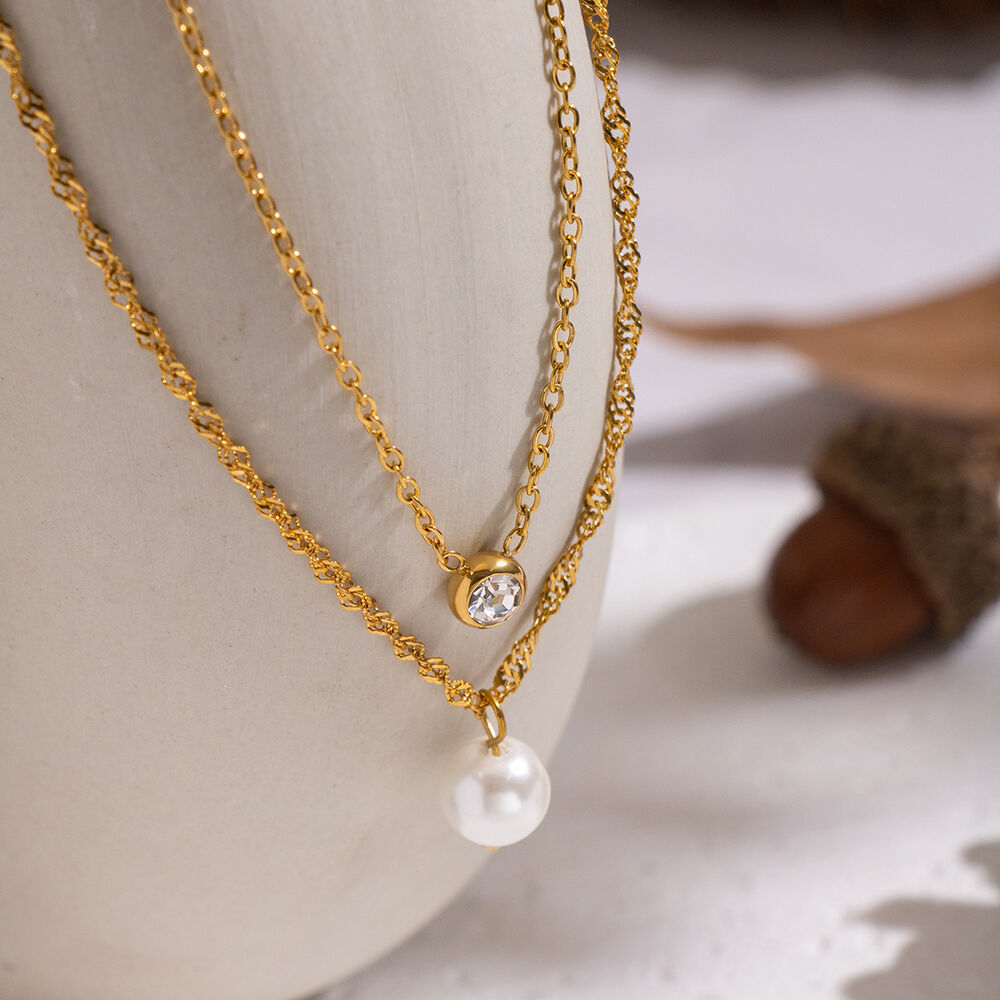 1 Piece Elegant Chain Stainless Steel Waterproof Gold Color Zircon Pearl Layered Necklace h5Picture2