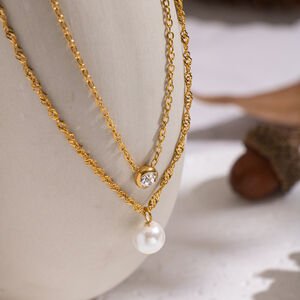 1 Piece Elegant Chain Stainless Steel Waterproof Gold Color Zircon Pearl Layered Necklace h5 Picture2
