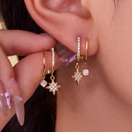 Boucles d'oreilles pendantes pour femme, en acier inoxydable doré, imperméables, ornées de zircon, motif étoile brillante (1 paire).