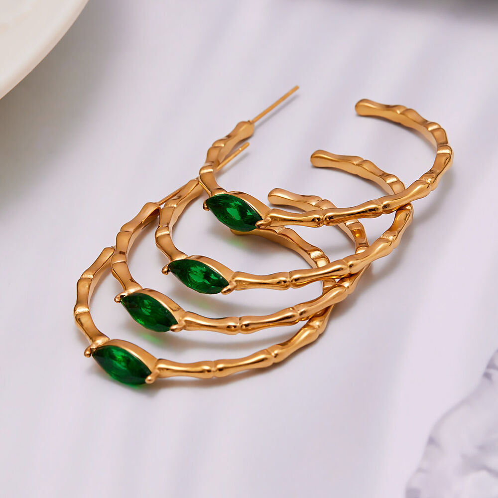 1 Pair Luxurious Green Glass Stainless Steel Waterproof Gold Color Women's Hoop Earrings h5Picture3