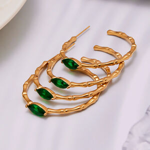 1 Pair Luxurious Green Glass Stainless Steel Waterproof Gold Color Women's Hoop Earrings h5 Picture3