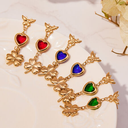 1 Pair Elegant Glass Heart&Clover Stainless Steel Waterproof Gold Color Women's Drop Earrings 2