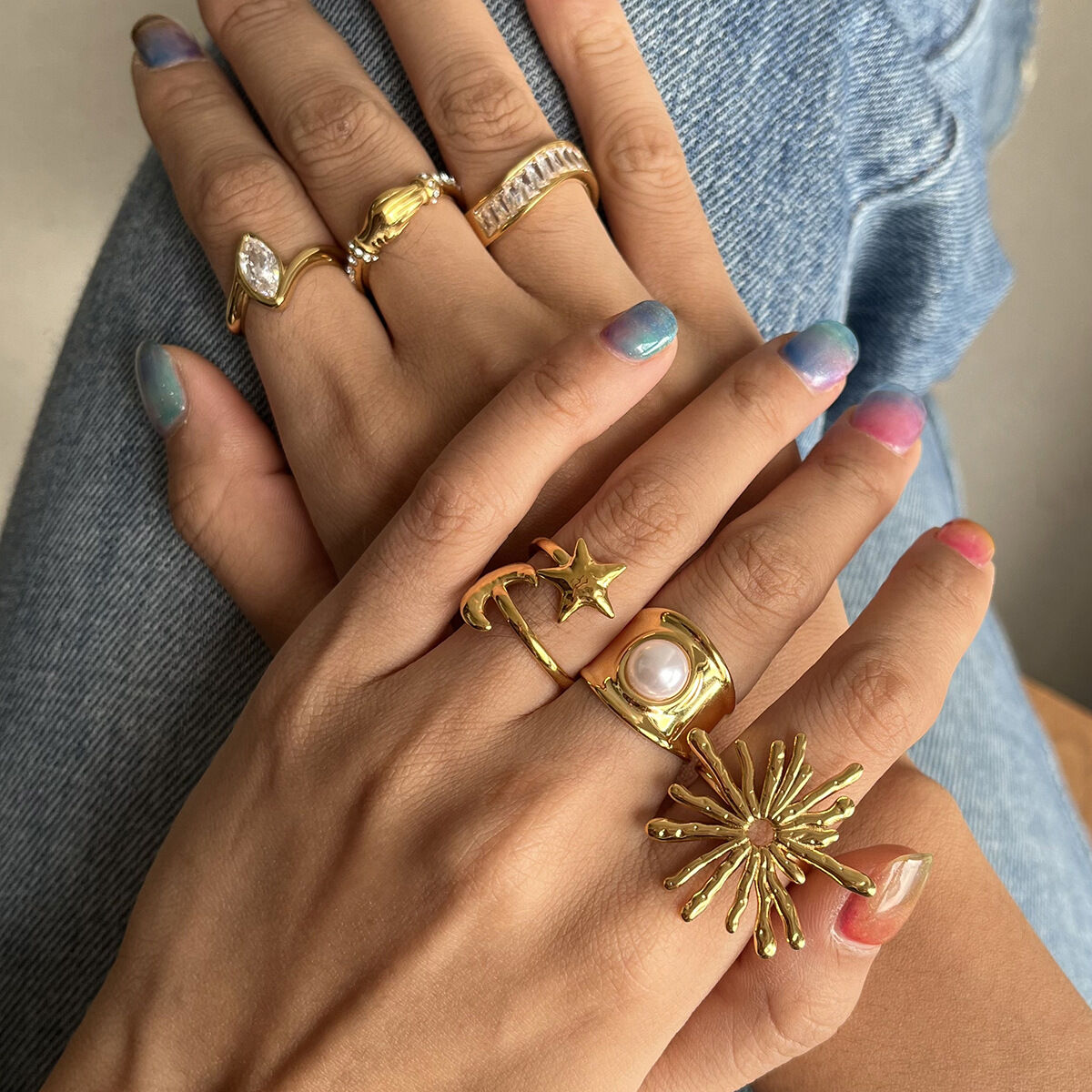 1 pezzo di anello con sole in acciaio inossidabile color oro impermeabile 2