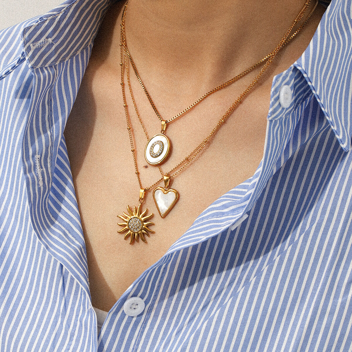 1 Piece Sun Heart Stainless Steel Waterproof Gold Color  Zircon Pendant Necklace