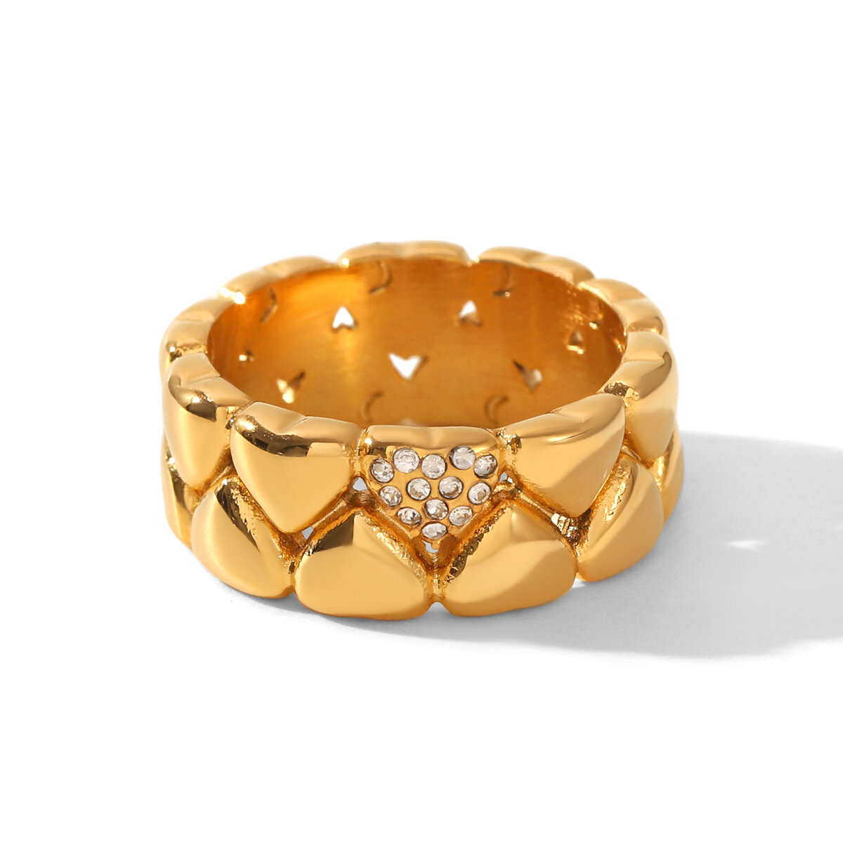 1 Stück Herzförmiger Edelstahl-Statement-Ring, wasserdicht, goldfarben, mit Zirkonia 