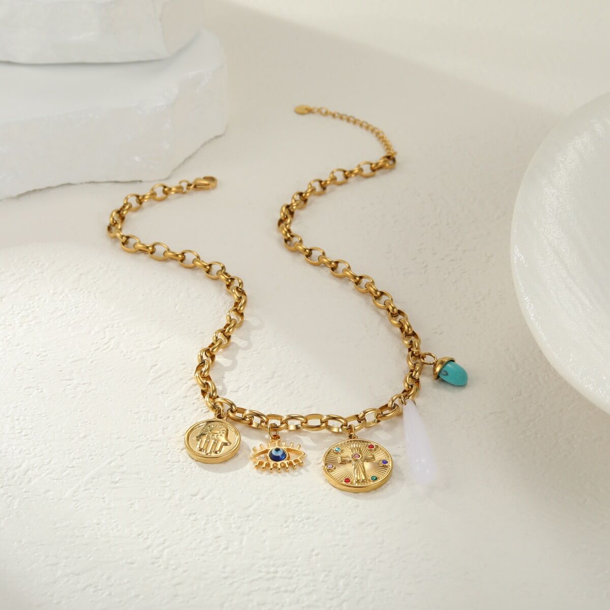 1 Piece Devil's Eye Irregular Shape Cross Stainless Steel Waterproof Women's Chain Necklaces Picture2