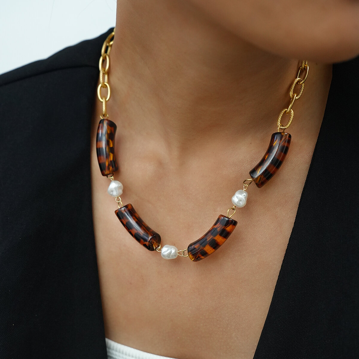 1 Piece Acrylic Leopard - print Beaded Stainless Steel Waterproof Women's Necklace 2