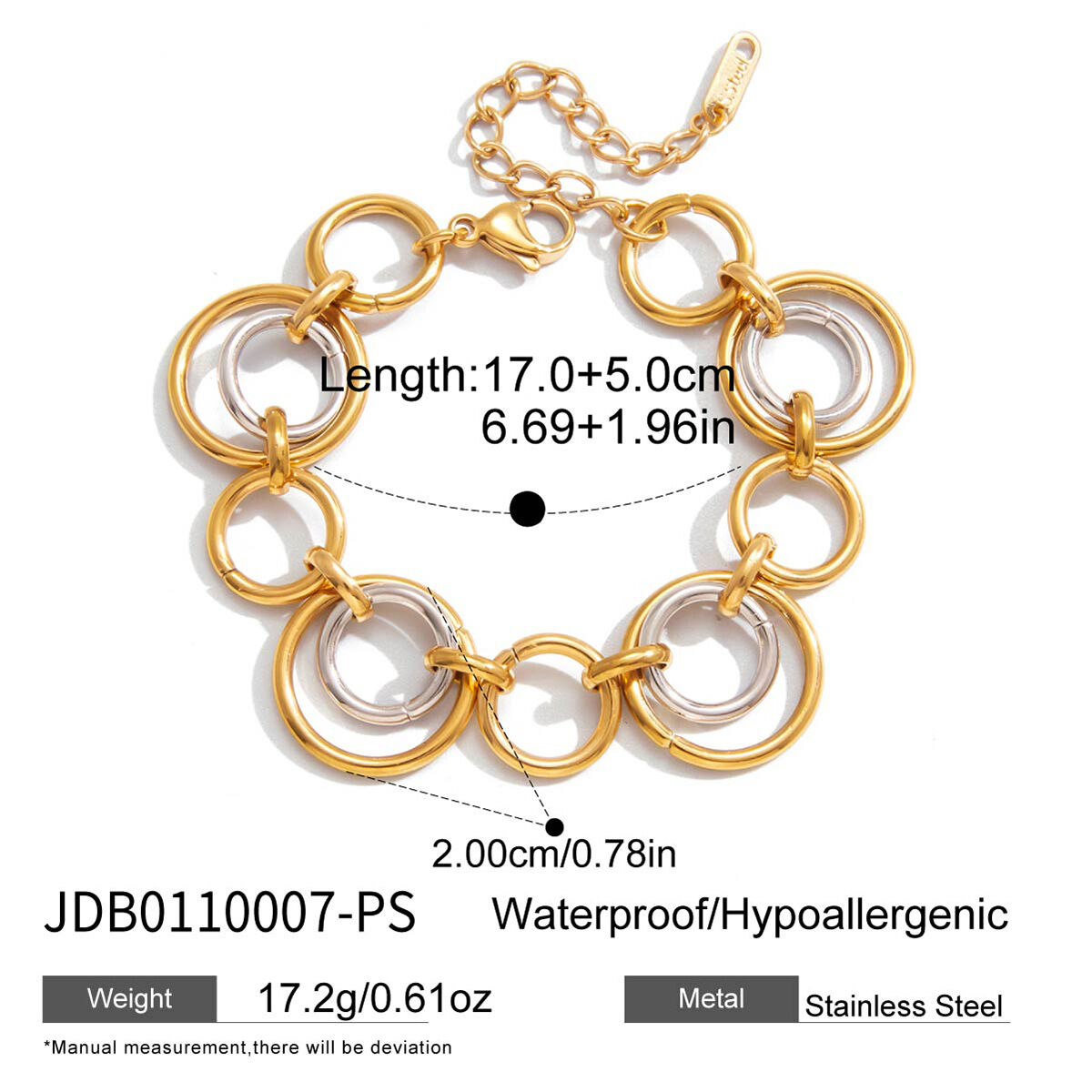 Braccialetti a catena da donna impermeabili in acciaio inossidabile con cerchi classici in colori misti oro e argento, 1 pezzo Immagine2