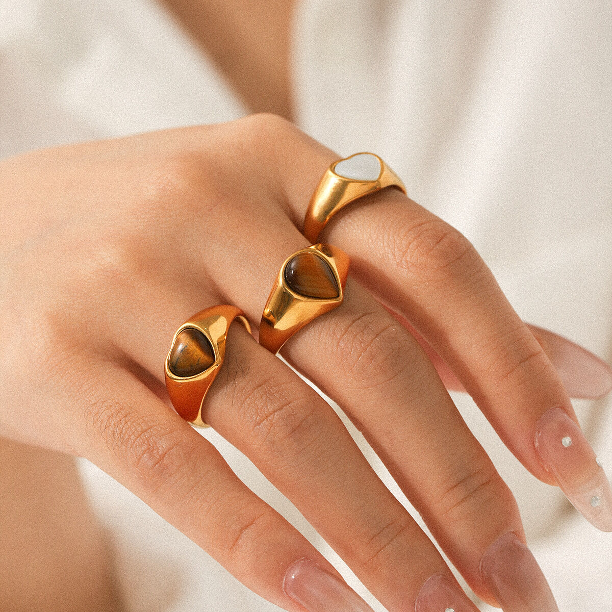 1 Piece Stainless Steel Waterproof Gold Color Heart Natural Stone Gemstone Ring