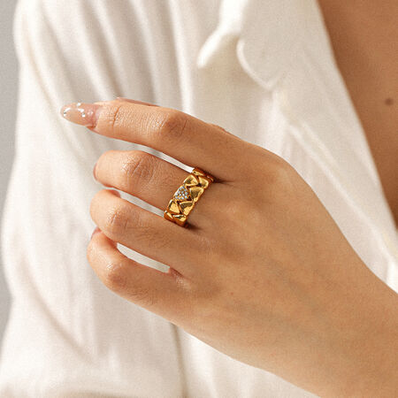 1 Piece Heart Stainless Steel Waterproof Gold Color Zircon Statement Ring