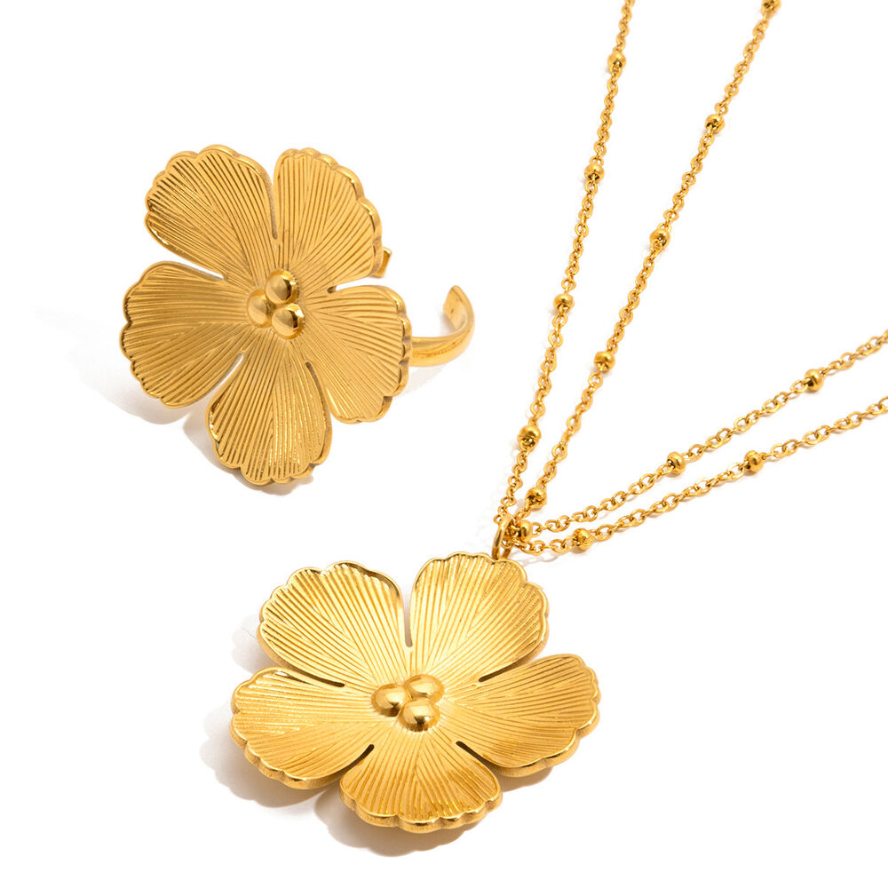 Romantic Flower Stainless Steel Waterproof Gold Color Women's Jewelry Sets h5Picture6