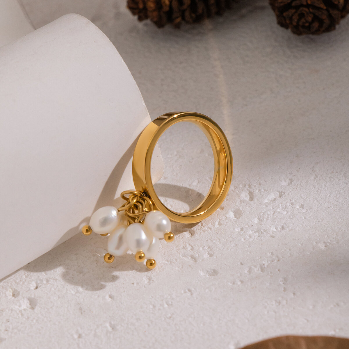 1 Piece Elegant Tassel Pearl Stainless Steel Waterproof Gold Color Statement Ring h5 Picture4