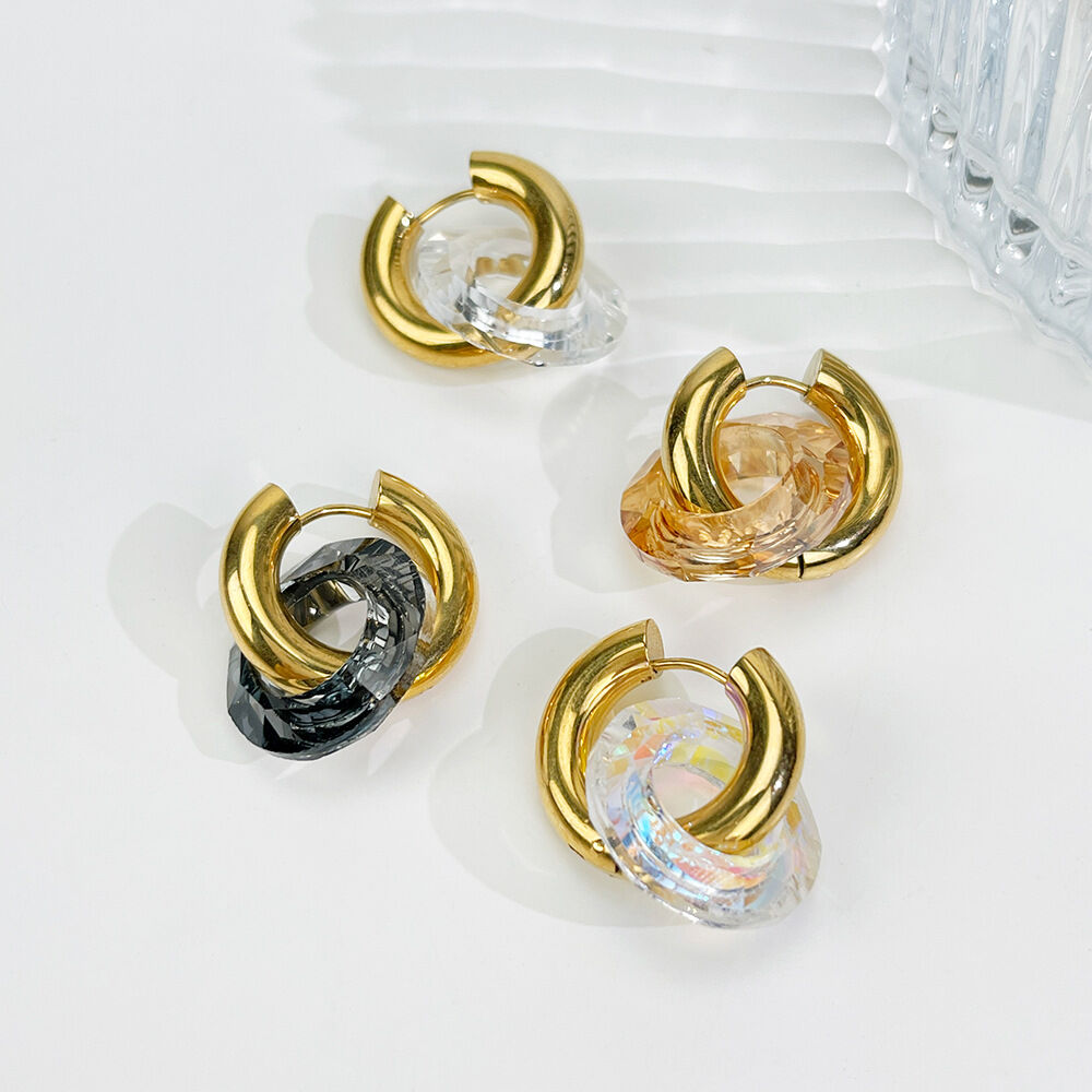 1 Pair Circle Stainless Steel Waterproof Gold Color Glass Drop Earrings Picture5