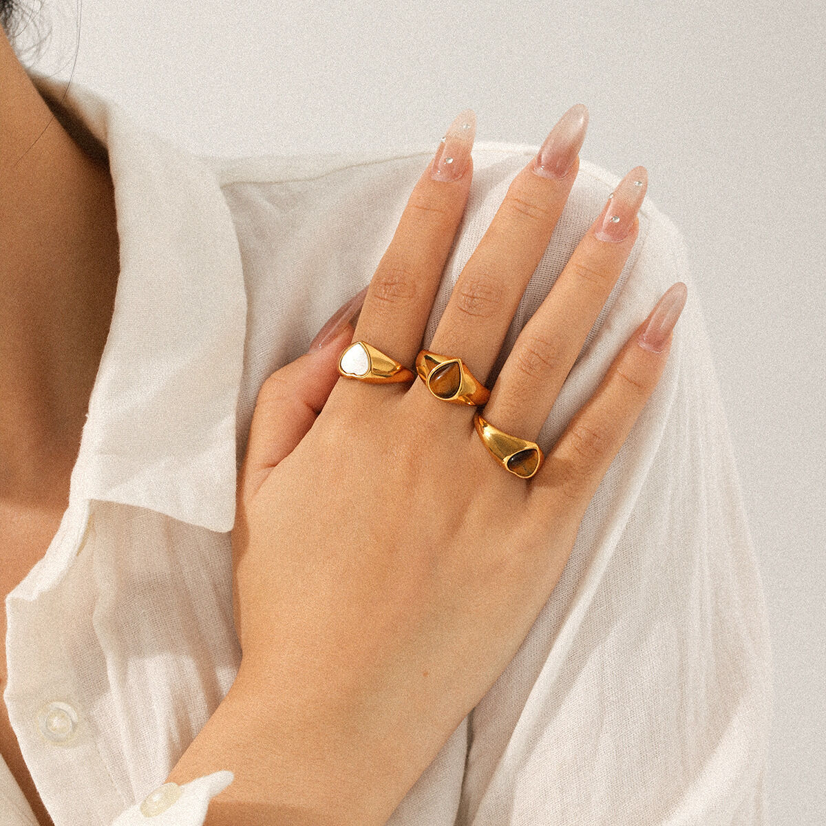 1 Piece Stainless Steel Waterproof Gold Color Heart Natural Stone Gemstone Ring Picture3