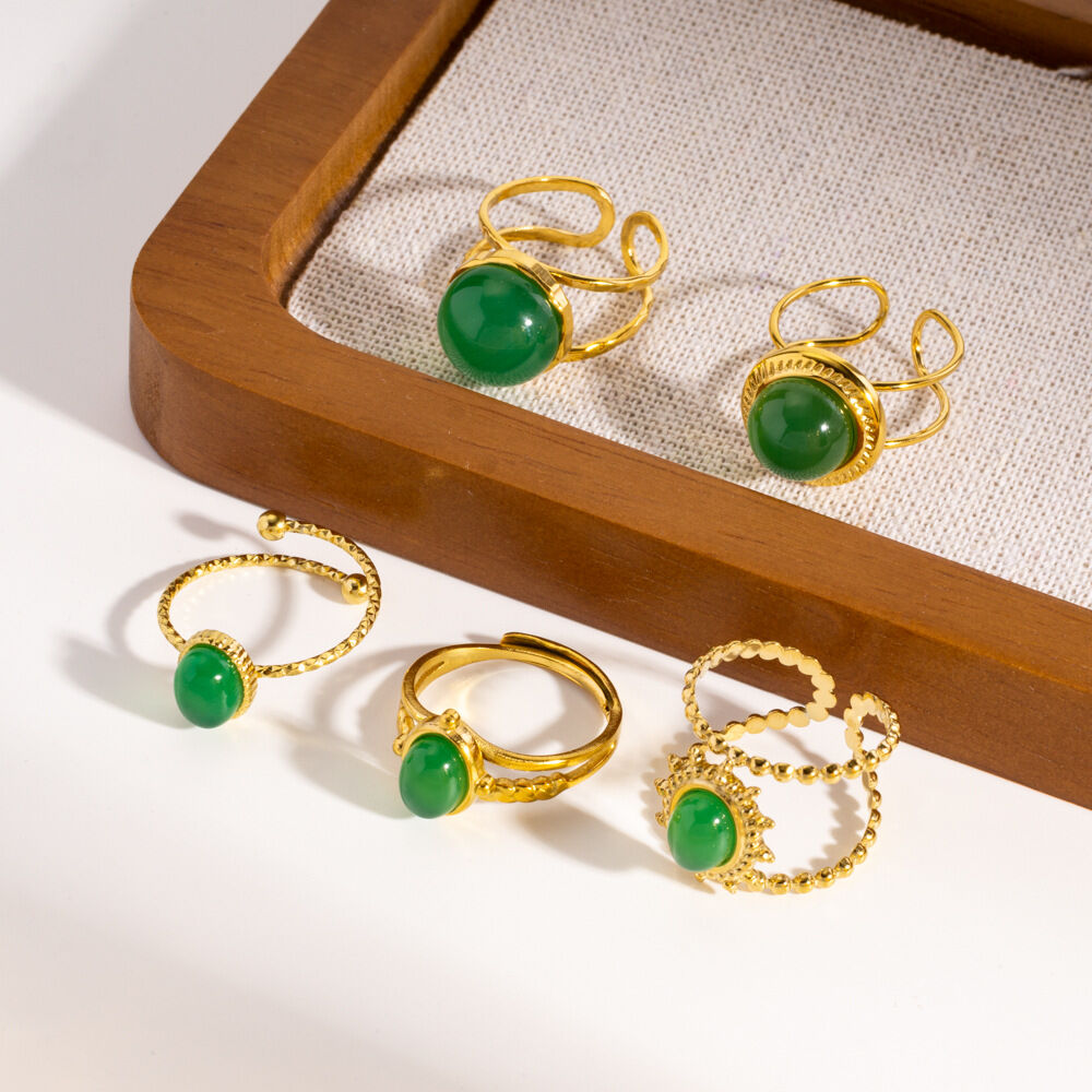 1 Piece Light Luxury  Elegant Green Agate Stainless Steel Waterproof Women's Gemstone Rings h5 Picture2
