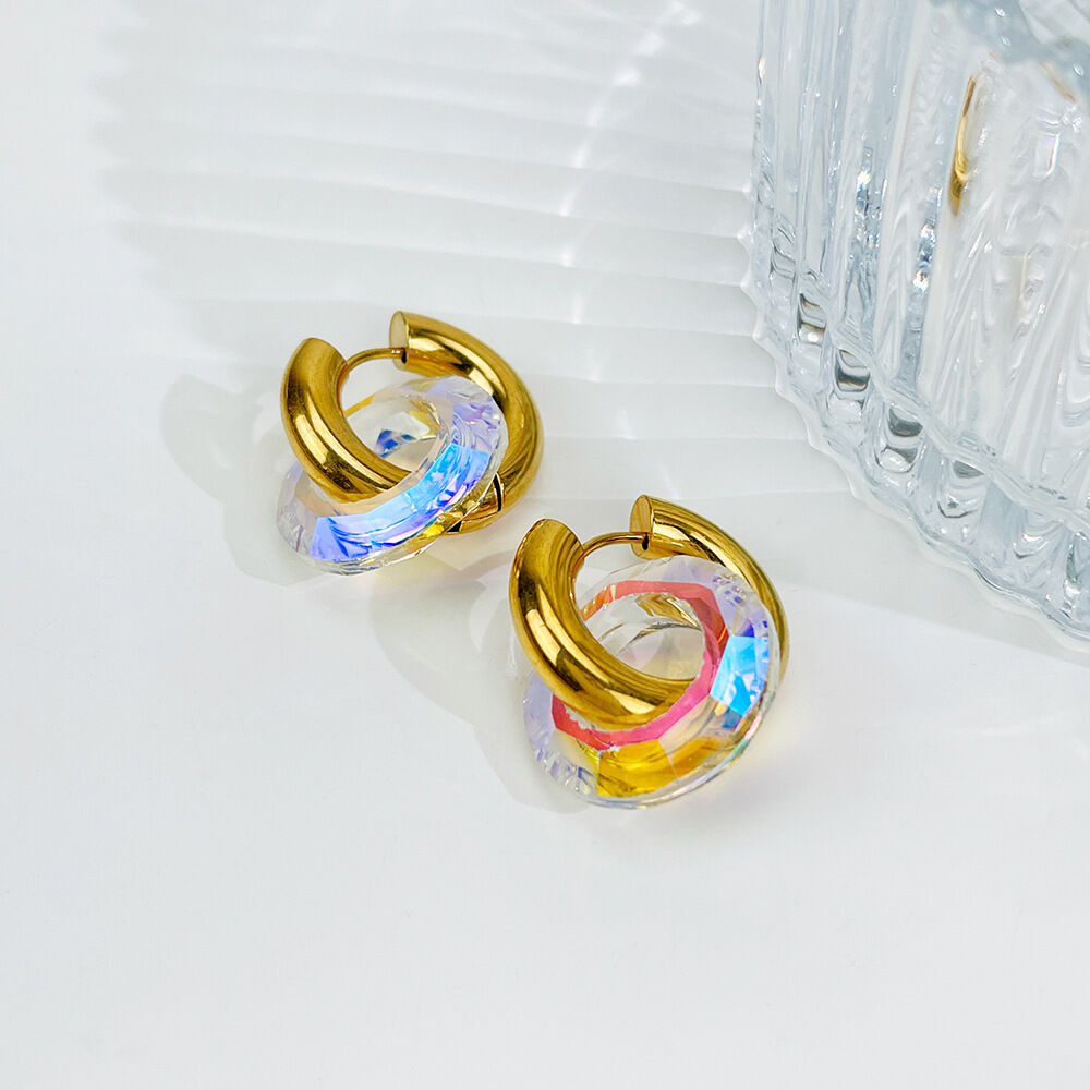 1 Pair Circle Stainless Steel Waterproof Gold Color Glass Drop Earrings h5 