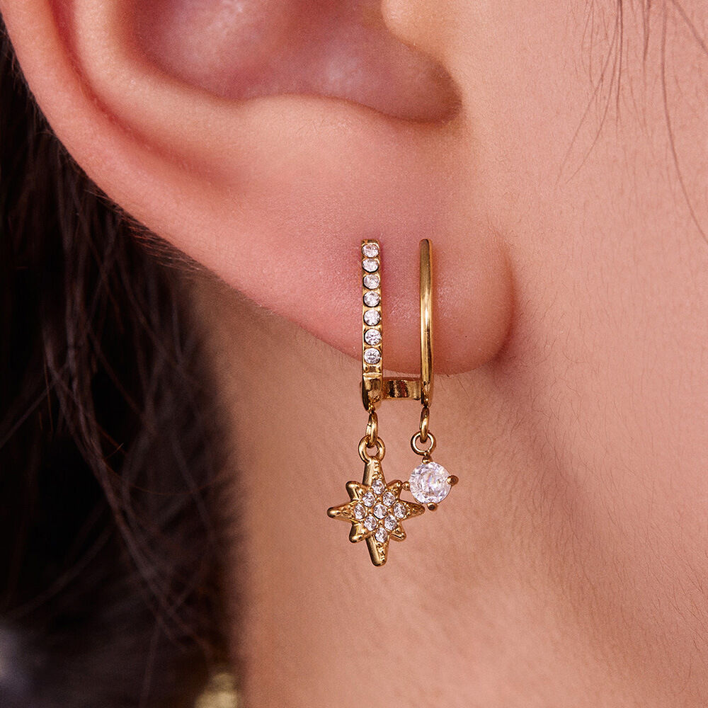 1 Paar glänzende, sternförmige, wasserdichte Ohrhänger aus Edelstahl in Goldfarbe mit Zirkonia für Damen Bild5