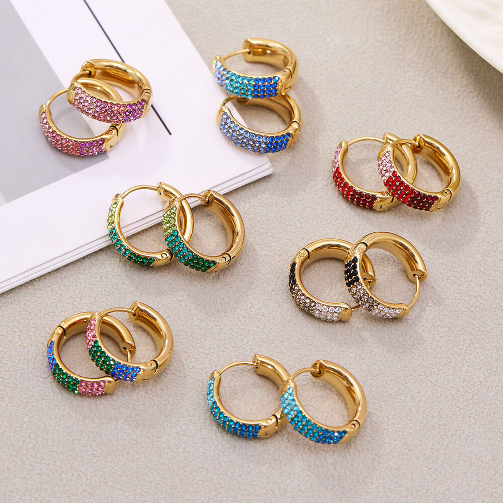 1 paire de boucles d'oreilles créoles délicates en acier inoxydable, étanches, couleur or, avec zircon. h5Image2