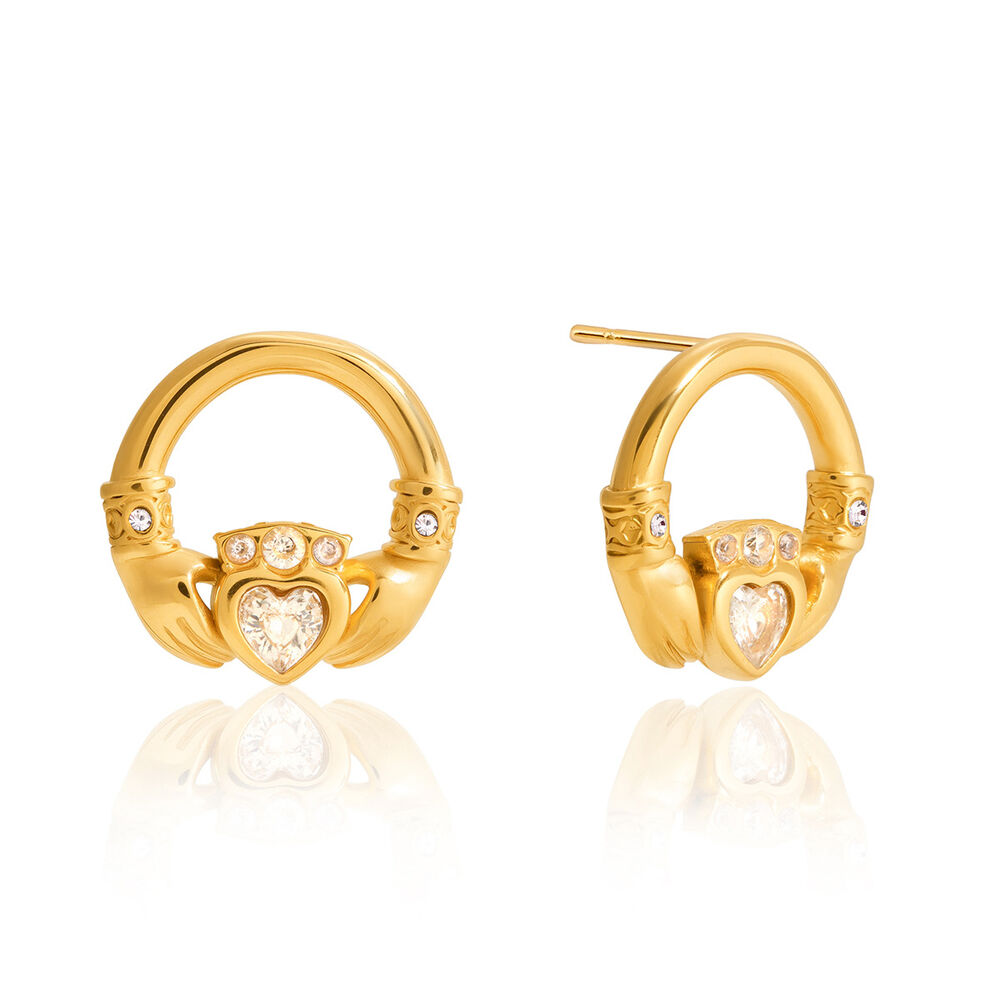 1 paio di orecchini a bottone da donna in acciaio inossidabile con zirconi color oro, a forma di mano e cuore, stile romantico
