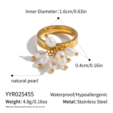 1 eleganter Statement-Ring aus Edelstahl mit Quaste und Perle, wasserdicht, goldfarben