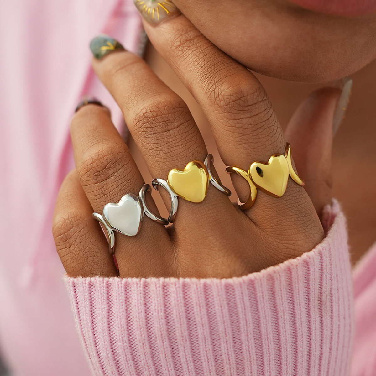 1 Piece Simple  Elegant Heart Stainless Steel Waterproof   Gold Color  Women's Statement Rings