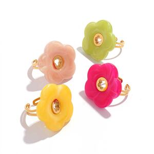 1 Piece Seewt Colorful Acrylic Flower Stainless Steel Waterproof Gold Color Statement Rings h5 Picture4