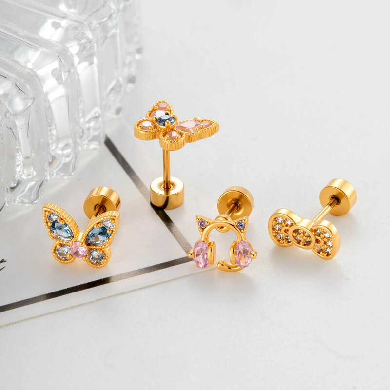 Orecchini da piercing da donna con nodo a fiocco, color rame e oro, in zircone