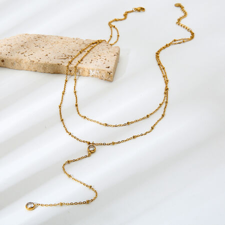 1 Piece Y-shape Chain Stainless Steel Waterproof Gold Color Zircon Layered Necklace 2