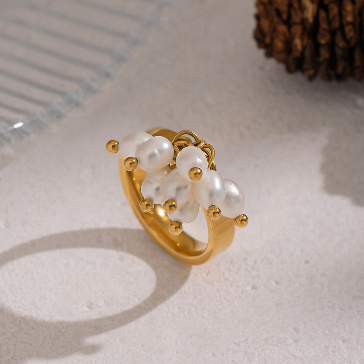 1 Piece Elegant Tassel Pearl Stainless Steel Waterproof Gold Color Statement Ring Picture2