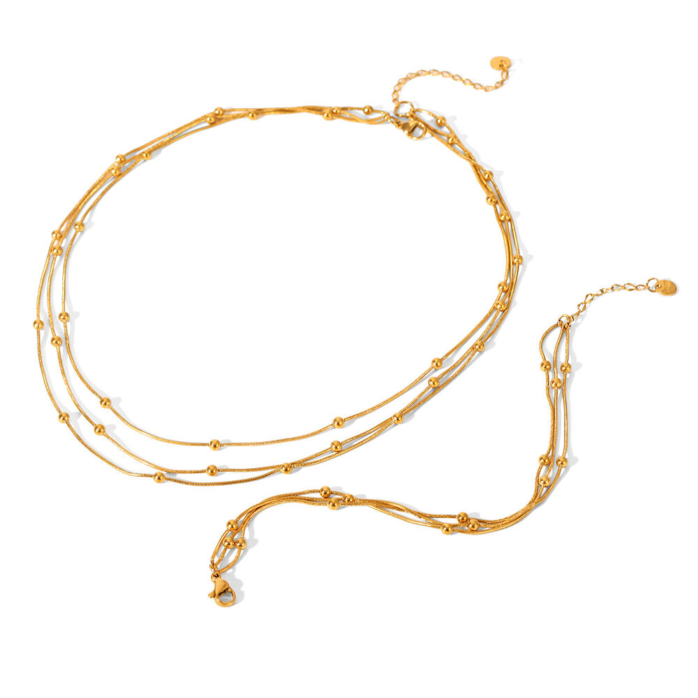 Beads Stainless Steel Waterproof Gold Color Layered Necklace Set h5Picture5