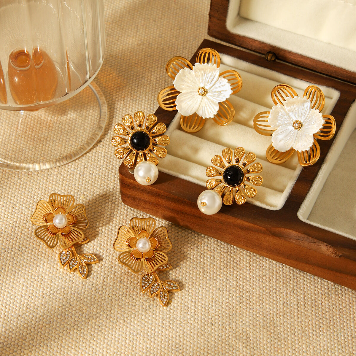 1 Pair Flower Stainless Steel Waterproof Gold Color Drop Earrings