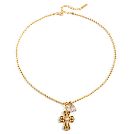 1 Stück Retro-Kreuz-Anhänger aus Edelstahl, wasserdicht, goldfarben, Zirkonia, Damenhalskette
